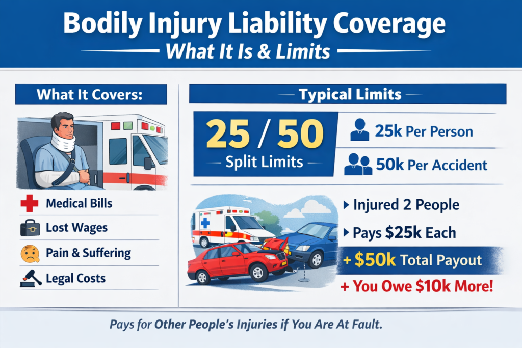 Bodily injury liability coverage explained with injuries, limits, and claim payments