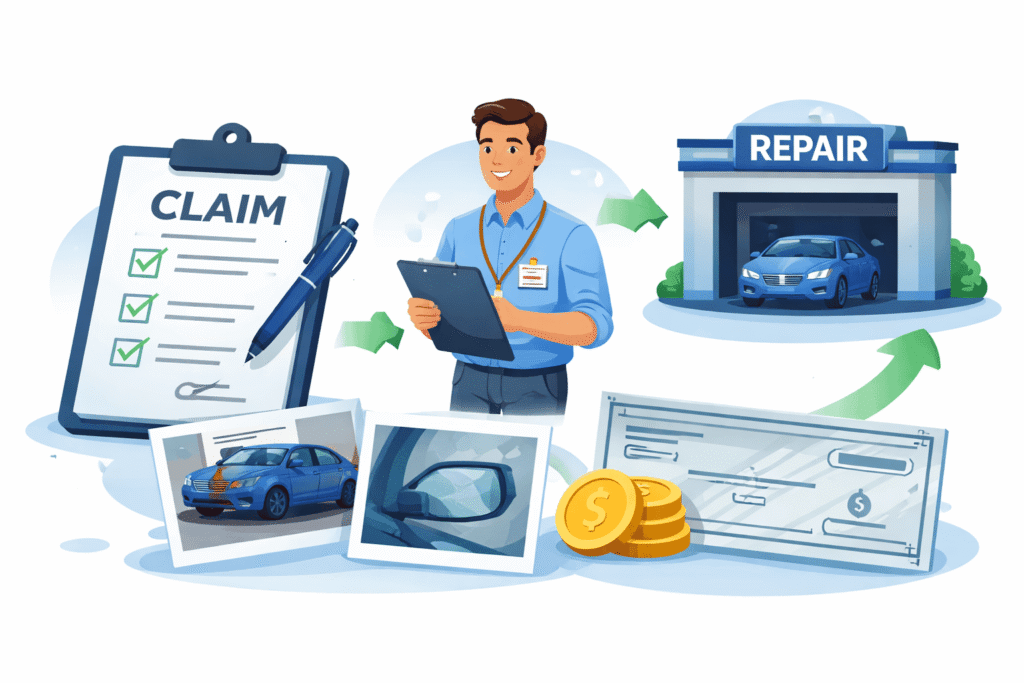 car insurance claims process diagram showing claim form, adjuster, repair shop, and payment