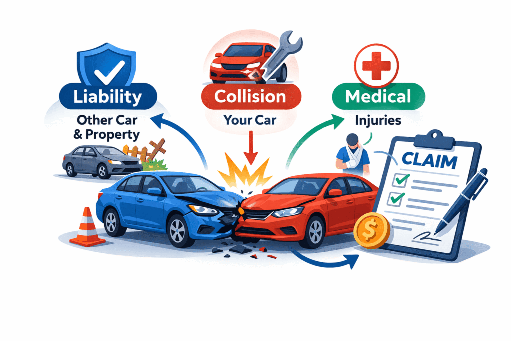 Car insurance cover accidents diagram showing liability, collision, and injury coverage after a crash