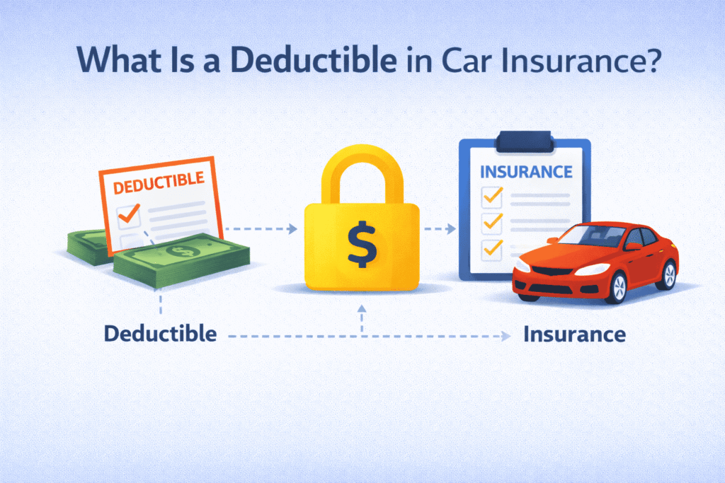 Diagram explaining a car insurance deductible, showing the portion paid by the driver before insurance coverage applies to a claim.