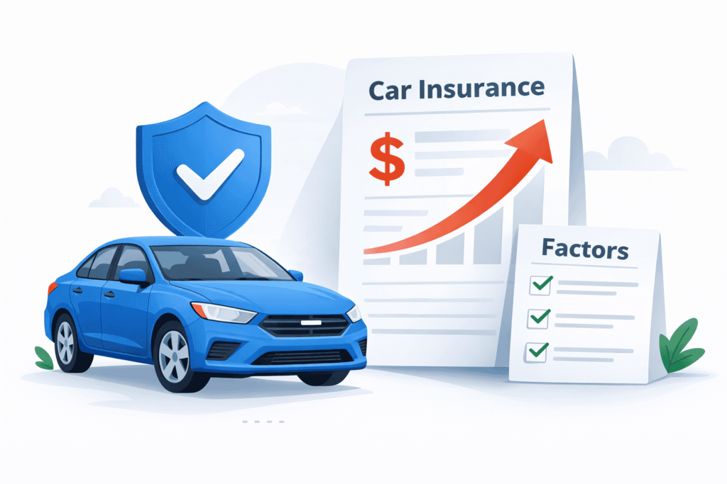 Car insurance expensive illustration showing a car, a rising bill, and a shield icon