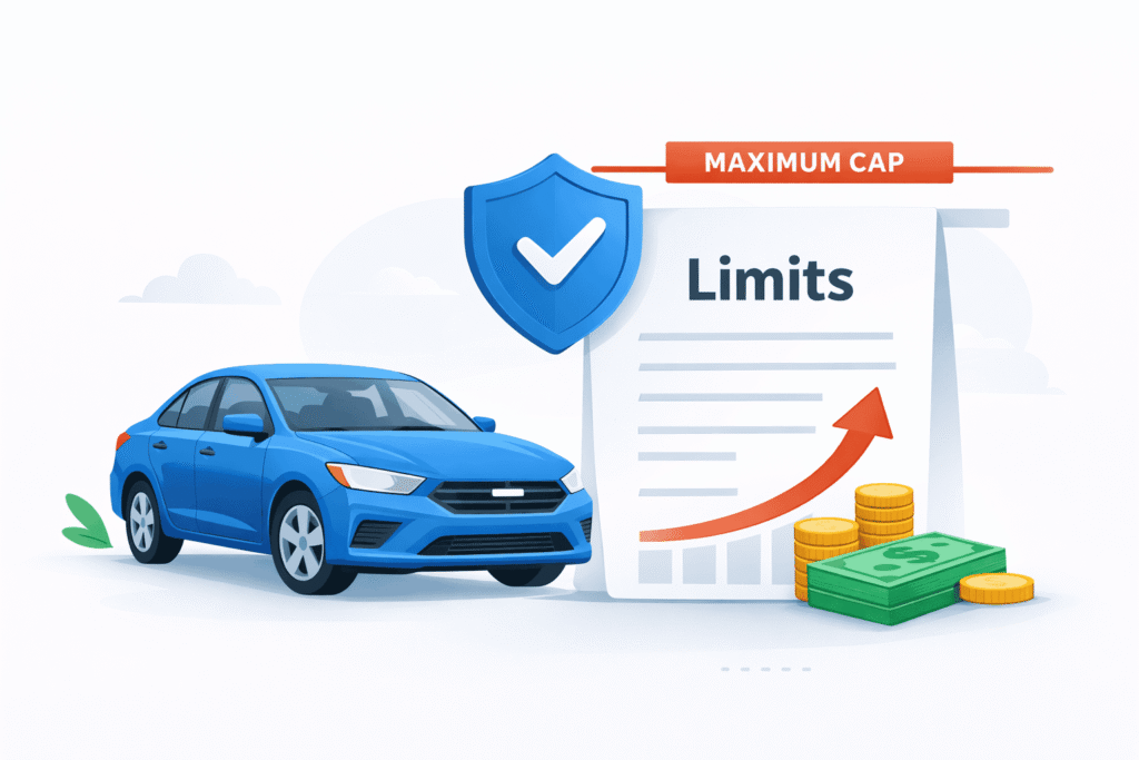 car insurance policy limits illustration showing a car, a limit cap line, and a policy document with a shield