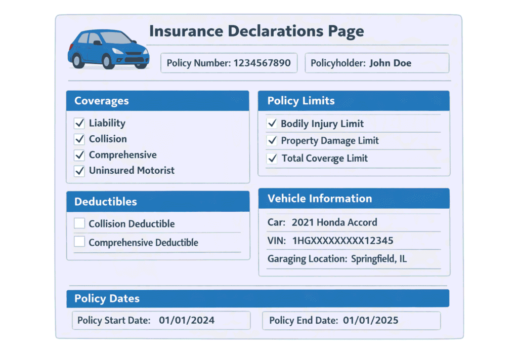 Car insurance declarations page showing coverages, limits, and deductibles