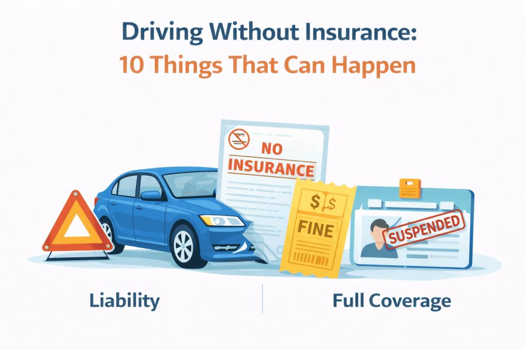 Driving without insurance consequences shown with fines, license suspension, and accident costs