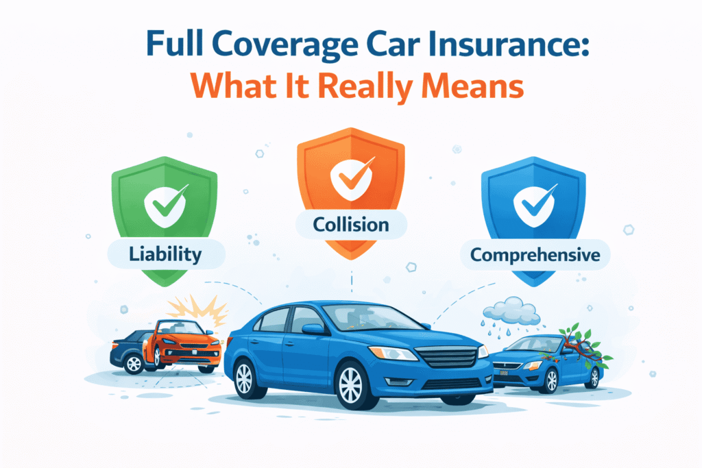 Full coverage car insurance explained with liability, collision, and comprehensive