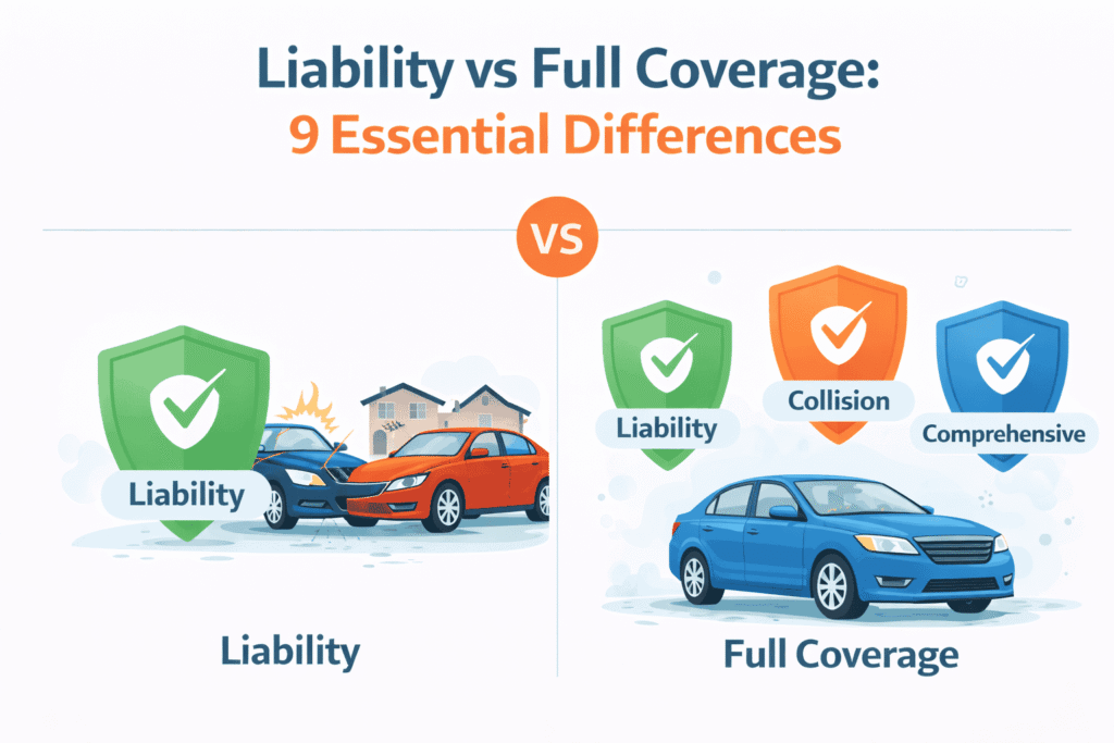Liability vs full coverage showing liability, collision, and comprehensive around a car