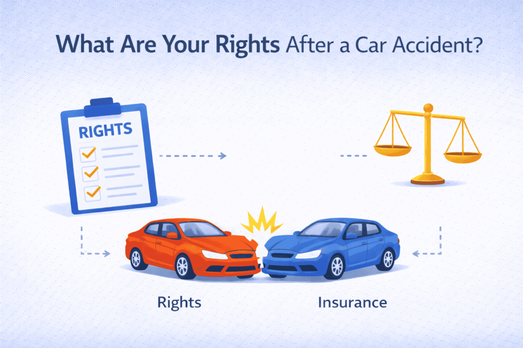 Rights after car accident checklist with car crash scene